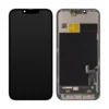 Изображение на резервна част - OLED дисплей за iPhone 13, показано в два изгледа един до друг на чист бял фон. Левият изглед показва изцяло черната предна страна на изключения екран, с видимия тесен прорез (notch) за TrueDepth камерата. Десният изглед показва задната вътрешна страна, разкриваща техническата конструкция, метални екрани, гъвкави плоски кабели (flex кабели) с конектори за връзка, контактни площадки, чипове и QR кодове.