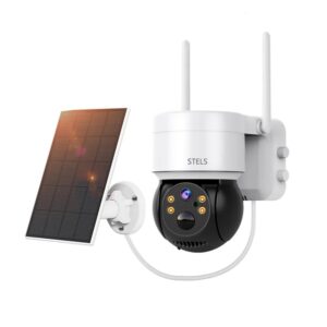 Изображение, представящо соларна камера за наблюдение STELS UltraEye X200 с PTZ функции и соларен панел за автономно захранване.
