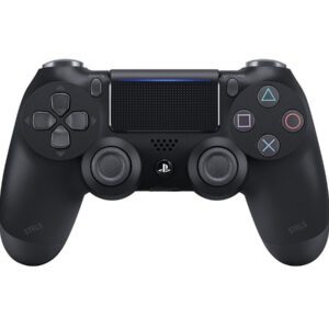 Черен джойстик за PS4 DualShock 4, с класически ергономичен дизайн и бутони за управление.