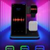Многофункционална зарядна станция с RGB осветление и поддръжка на безжично зареждане за смартфони, слушалки и смарт часовници.