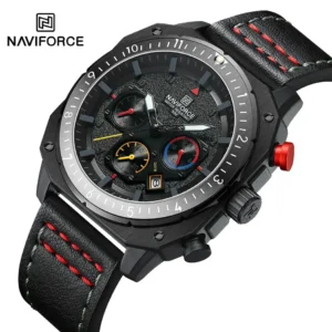 мъжки часовник naviforce с черен корпус и черна кожена каишка с червени конци